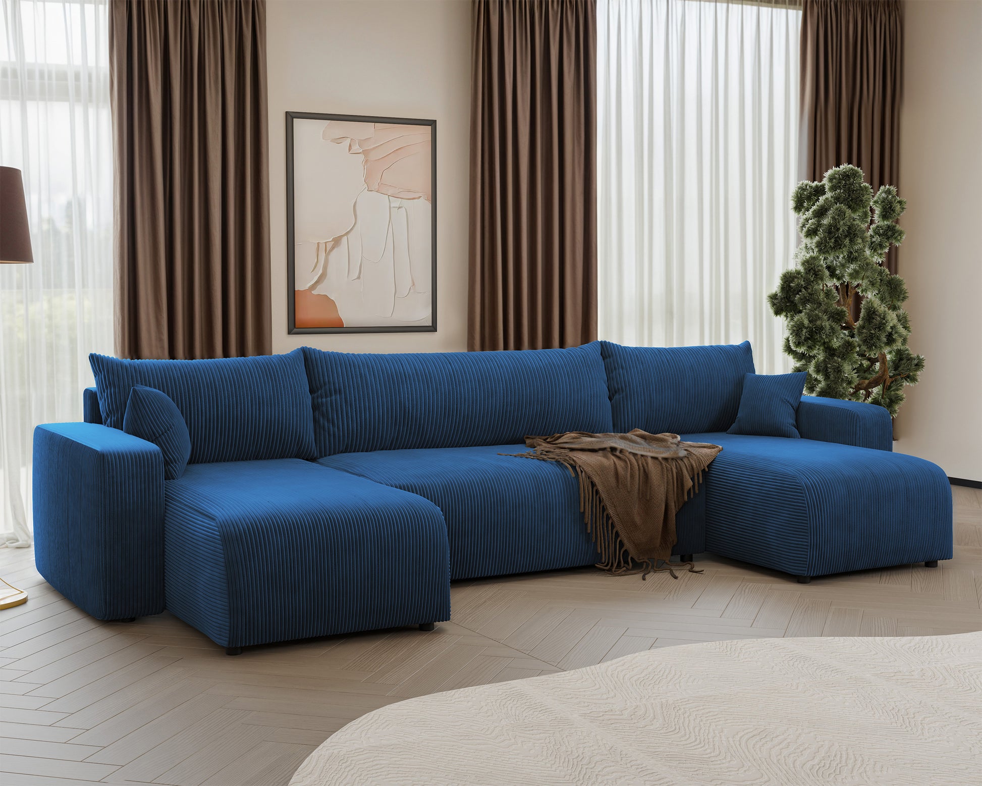 NONIPIA U-formas stūra dīvāns ar gulēšanas funkciju, ar konteineri, universāls, tumši zils velvets - N1 Home