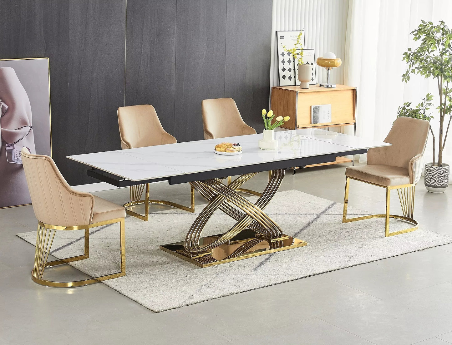 Galds Herme 75/90/160 cm balts/zelts - N1 Home