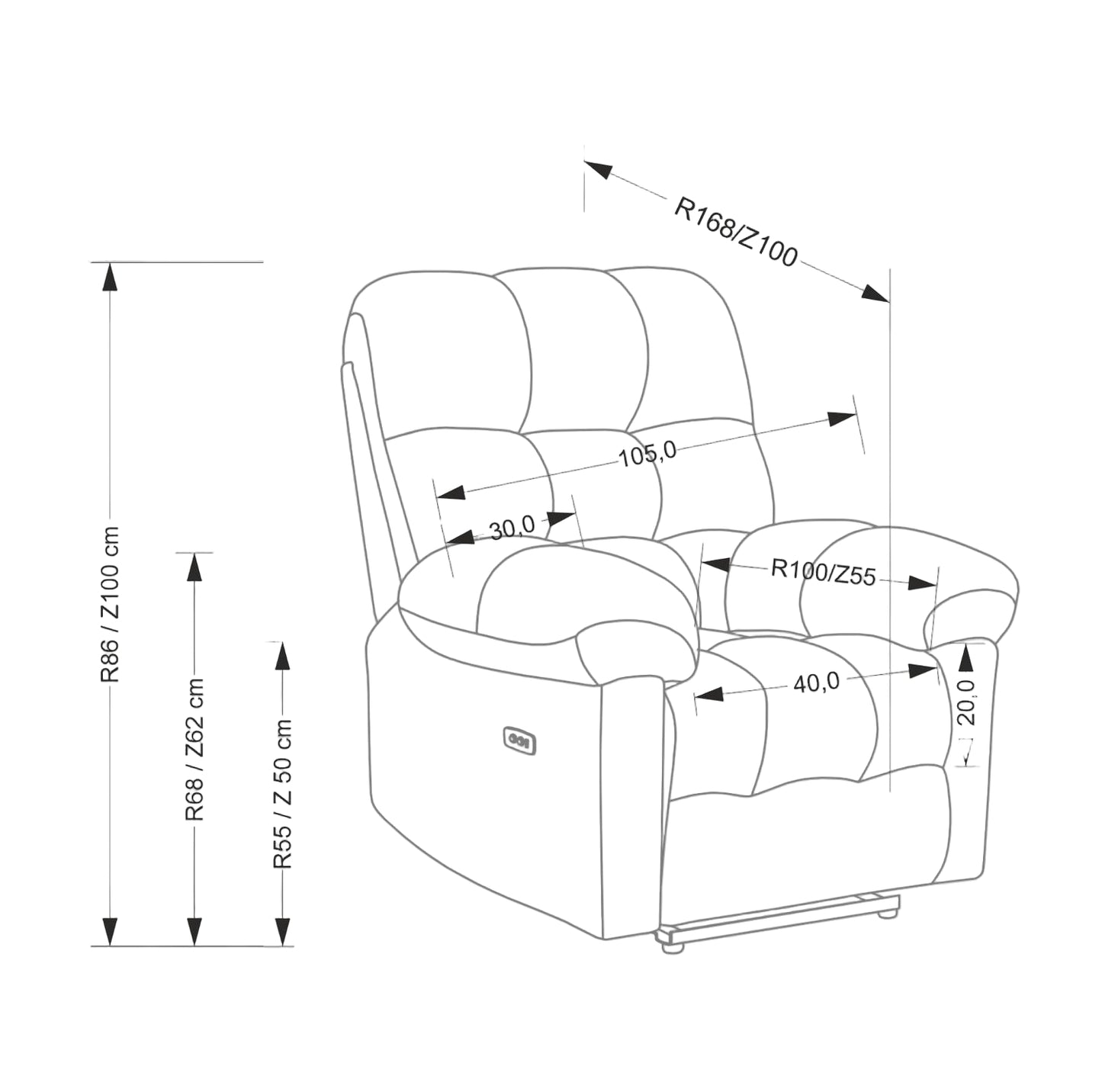 Krēsls Amols 105/168-100/86-100/55-50 cm pelēks