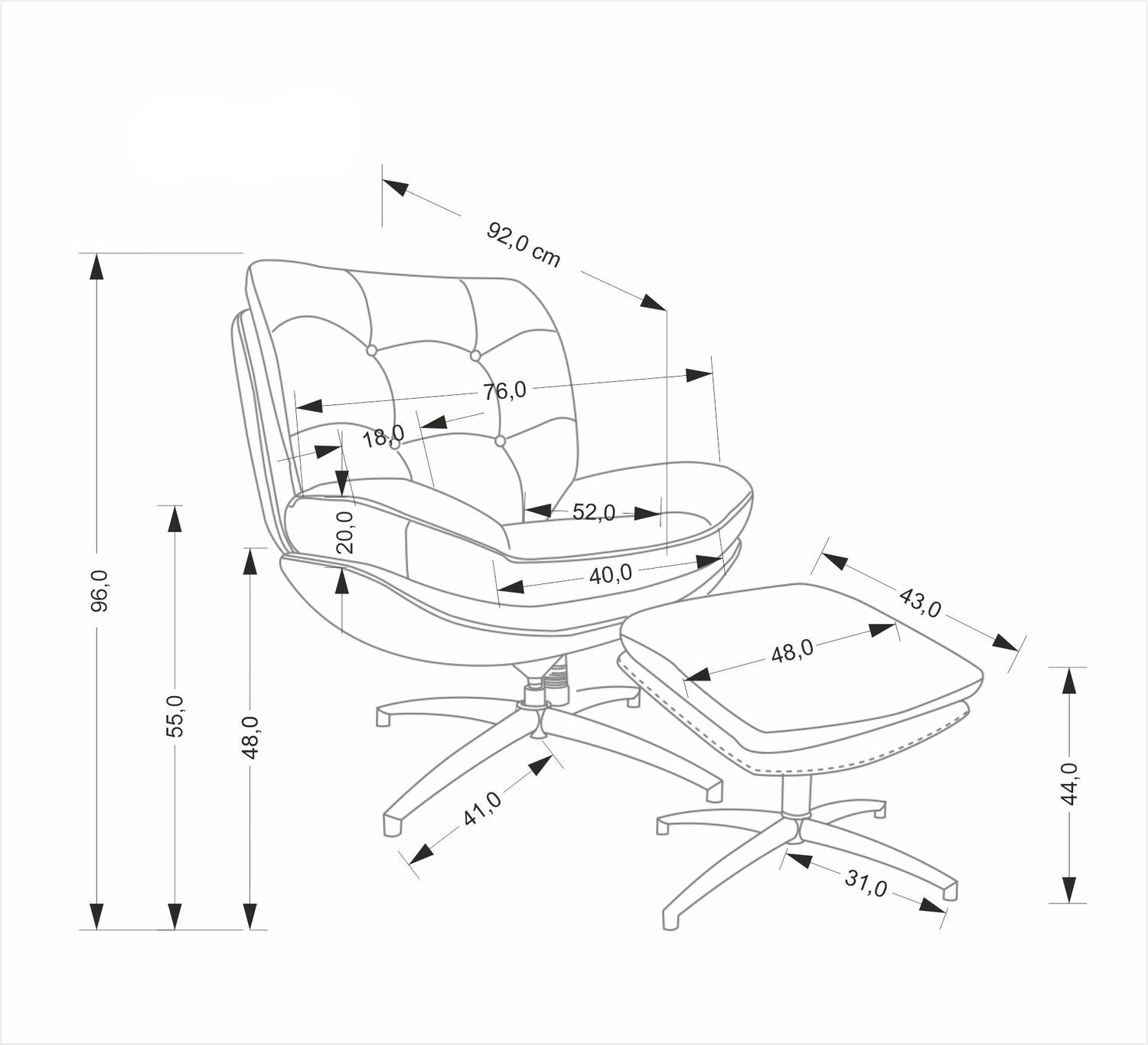 Krēsls ar kāju balstu Peso 76/92/96/48 cm pelēks - N1 Home