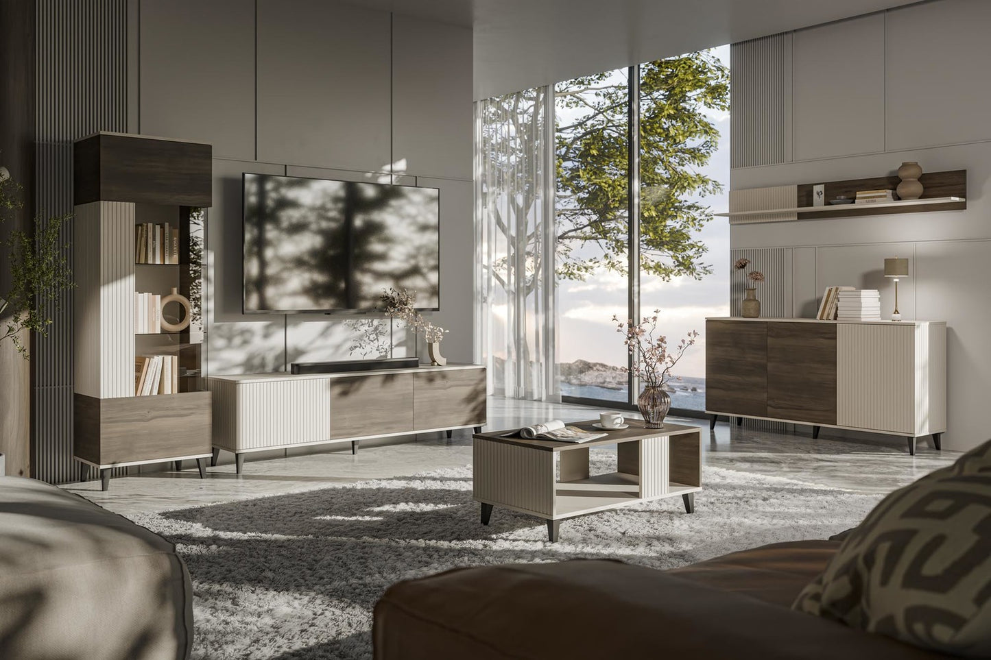 TV skapis Berlin 150;180;200/40/47;52 cm kašmirs/valrieksts - N1 Home