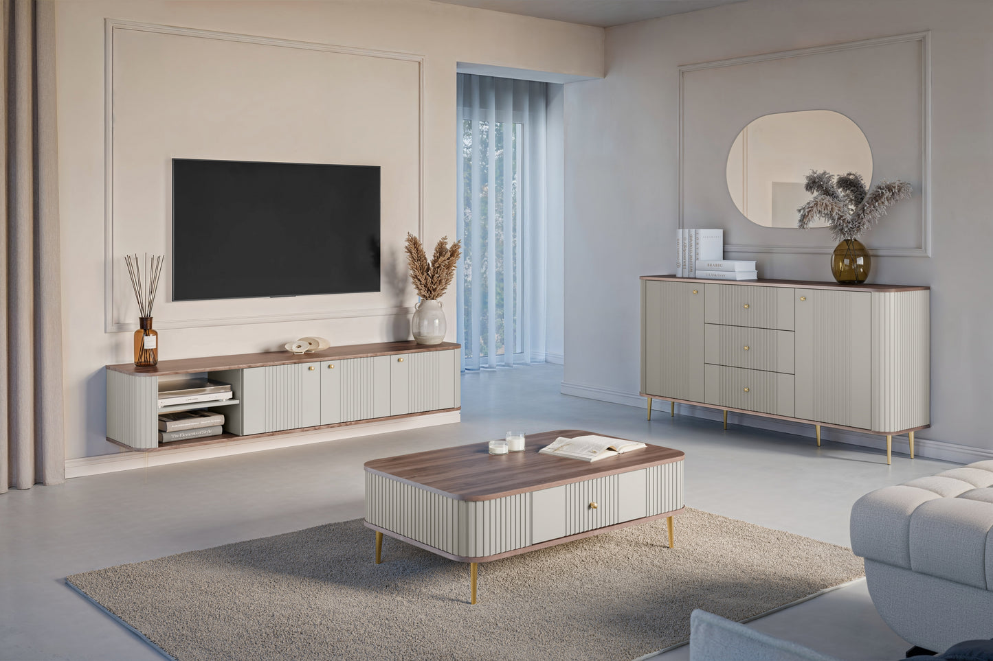 Kumode Vespa 160/85/38 cm kašmirs/rieksts/zelts - N1 Home