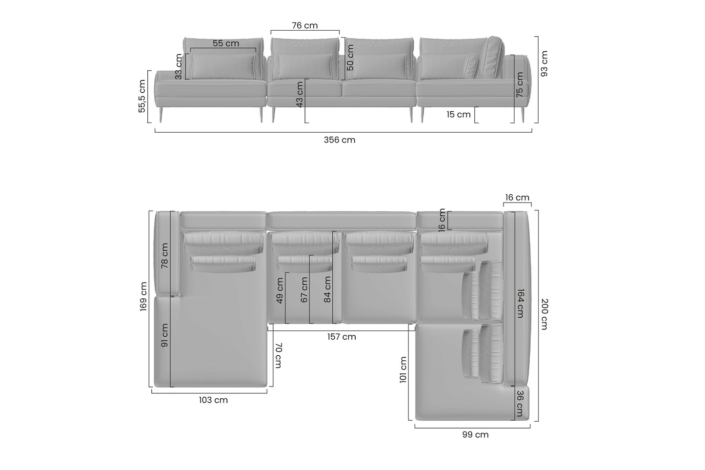 Dīvāns  AUSTIN U 356/75-93/200 cm gaiši pelēks - N1 Home