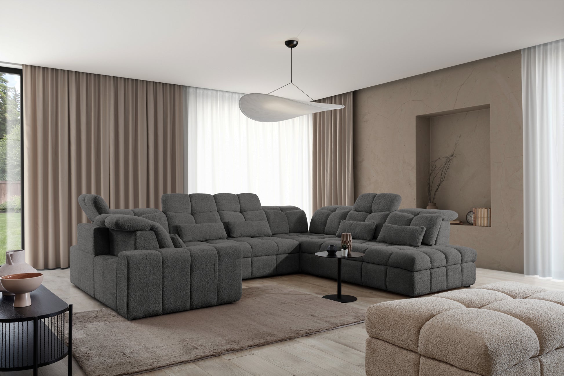 Dīvāns MARSEILLE U labā stūra dīvāns ar elektriski izvelkamu sēdekli un gulēšanas funkciju - pelēka bukle Catch Me 25 - N1 Home