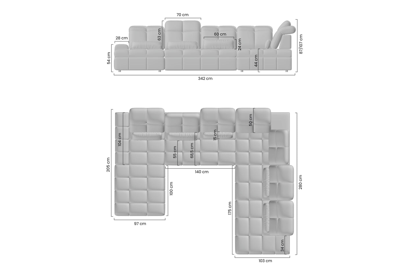 Dīvāns Marseille 342/107/205-280 cm Vogue 8 Amber - N1 Home