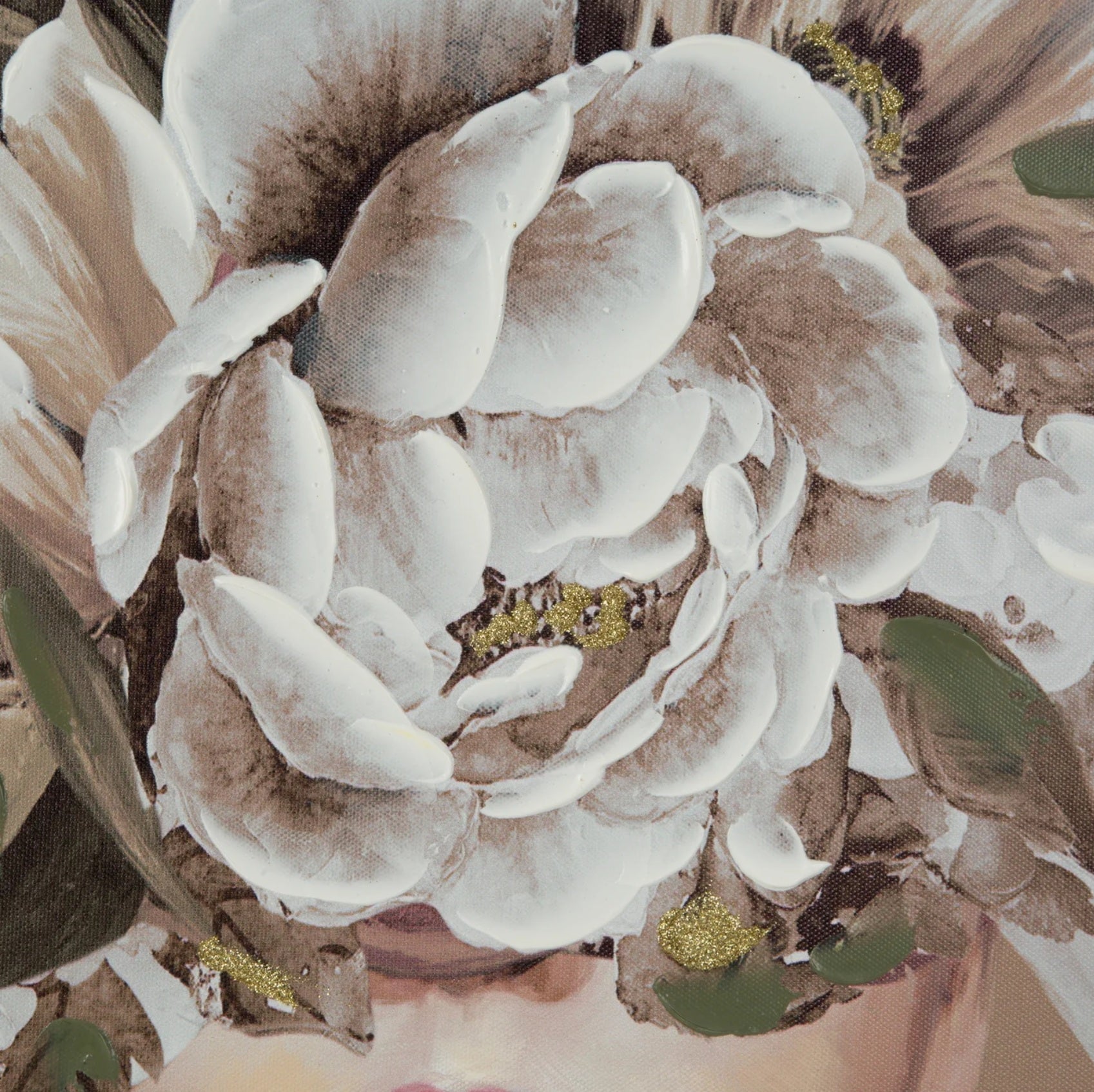 Glezna, ar roku gleznota uz audekla, sievietes portrets ar ziediem uz galvas 60/80 cm - N1 Home