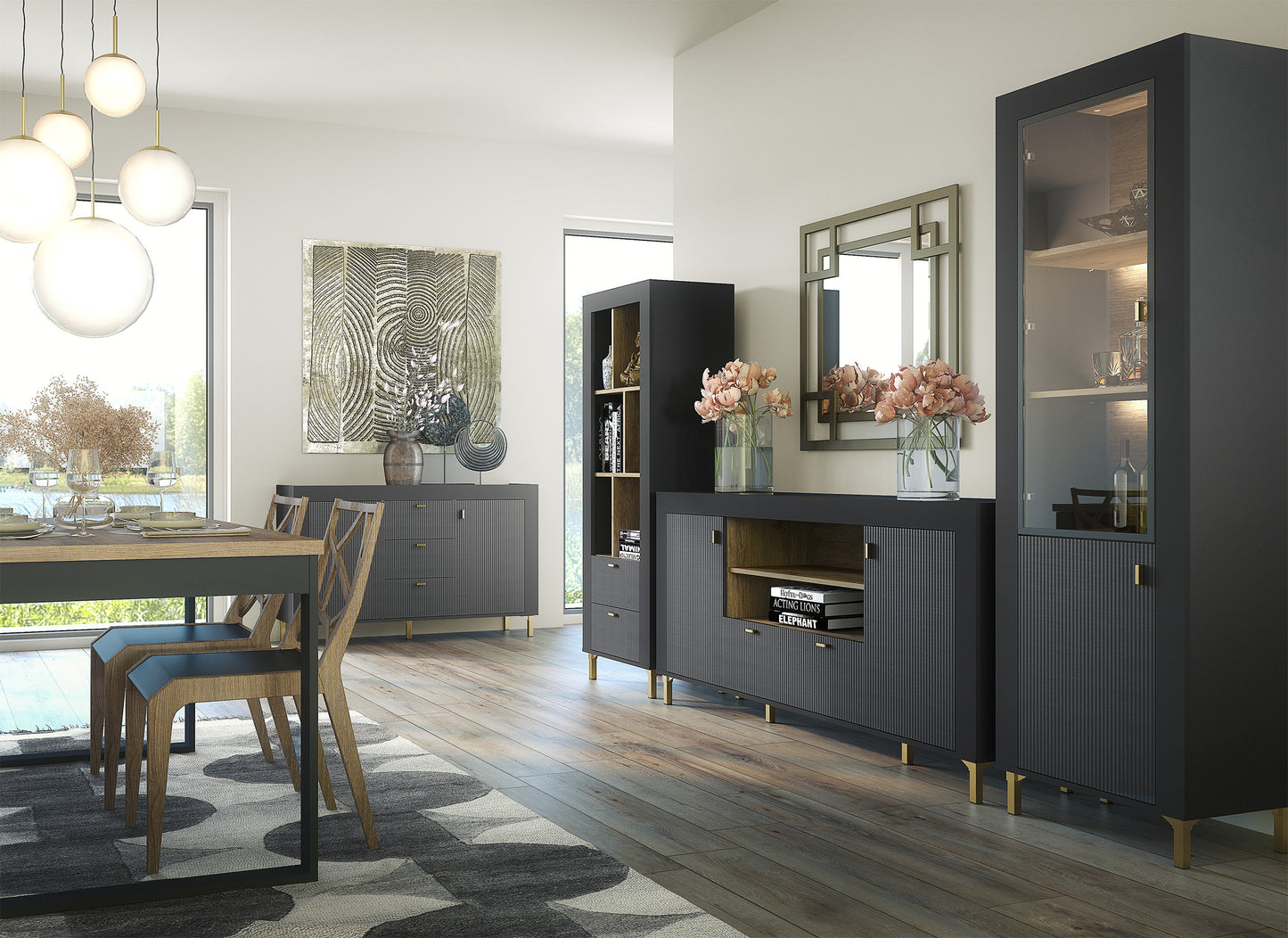 Vitrīna Lamos 56/148/38 cm melns/zelts - N1 Home