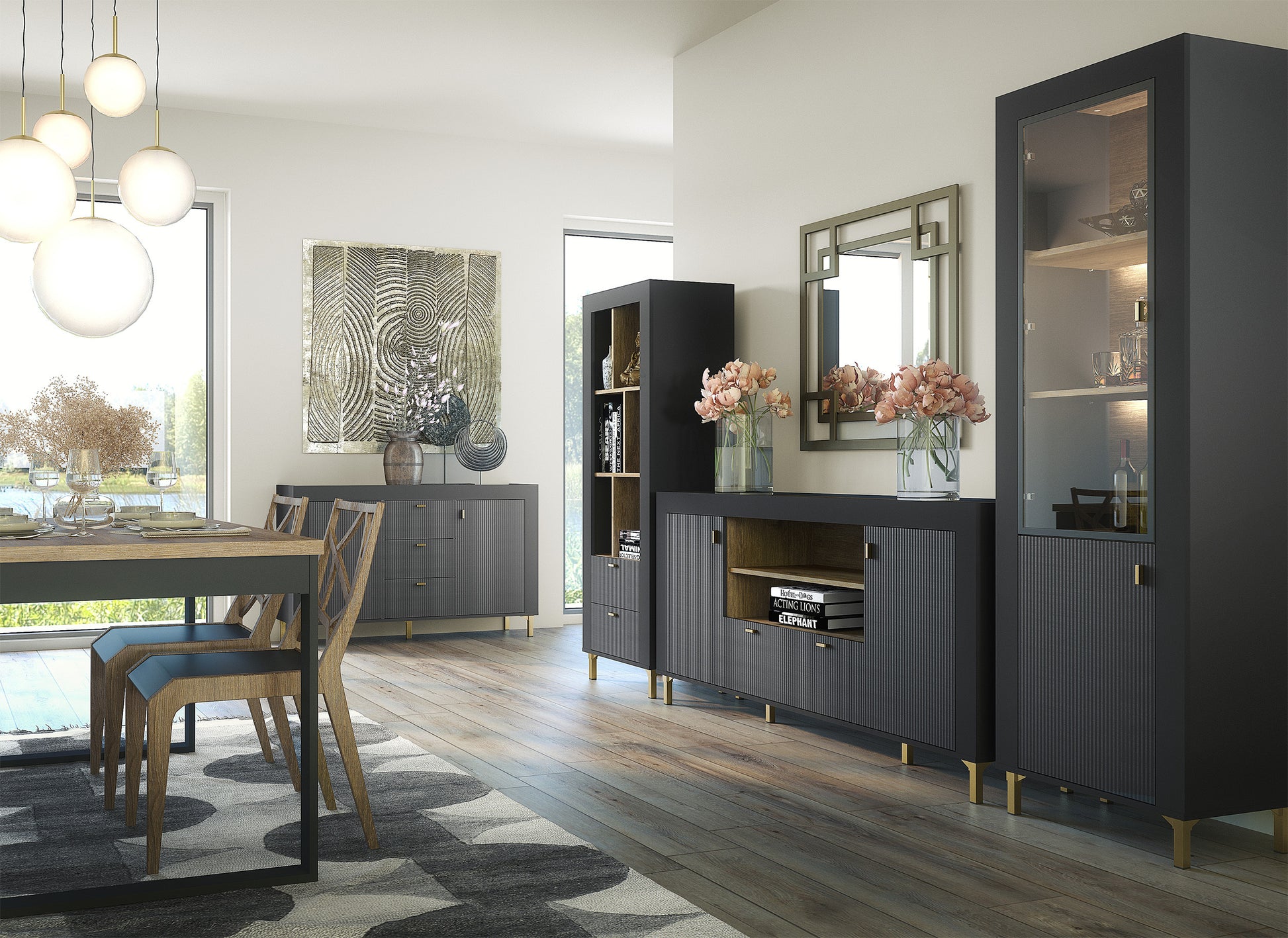 Vitrīna Lamos 56/148/38 cm melns/zelts - N1 Home