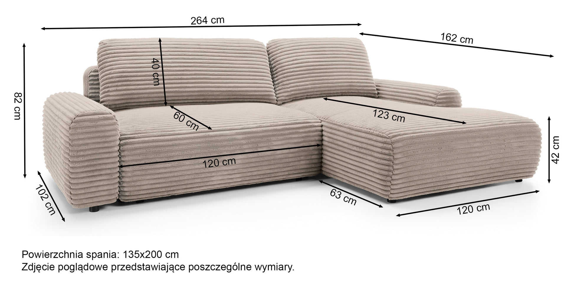 ADERIA L formas stūra dīvāns ar gulēšanas funkciju ar glabāšanas kasti, pelēkā smilškrāsas velveta, laba puse - N1 Home