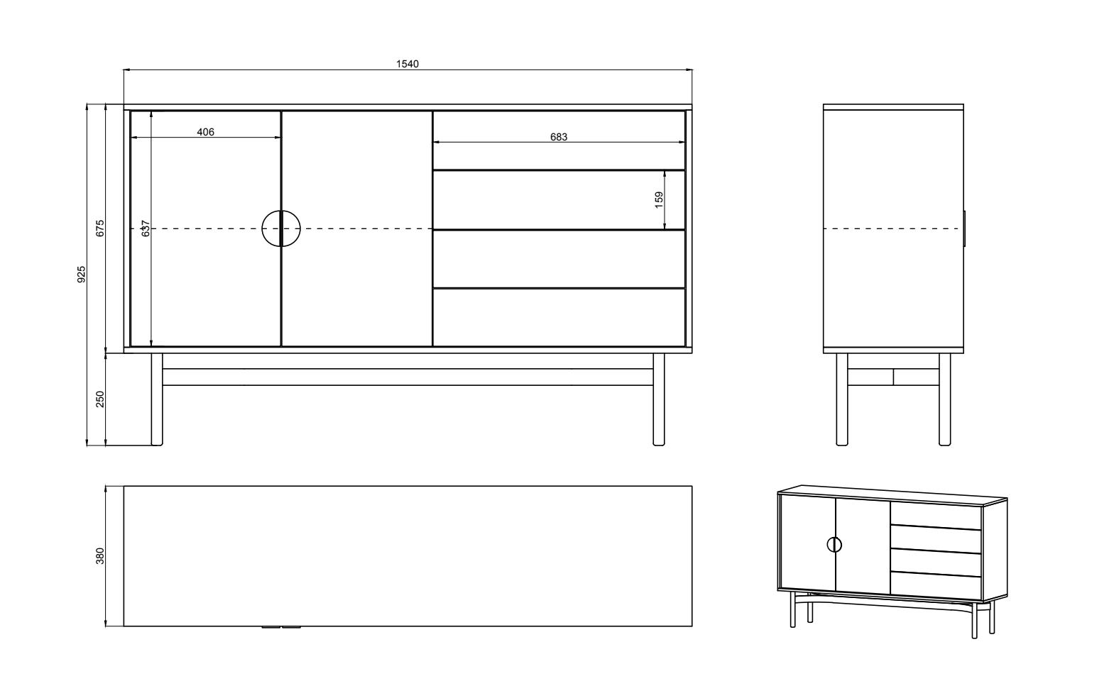 LOON Divdurvju kumode ar četrām atvilktnēm, 154 cm, melna - N1 Home