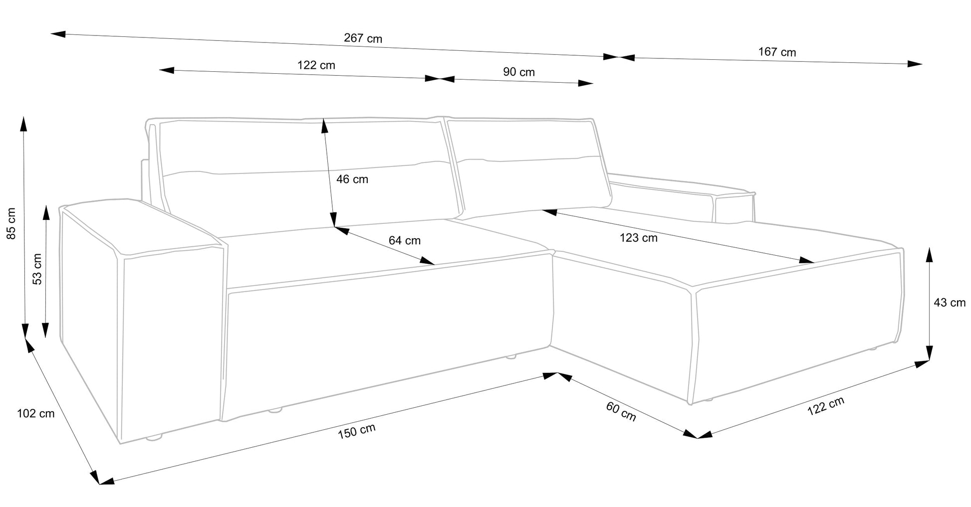 REFESE L-veida dīvāns ar gulēšanas funkciju un glabāšanas kasti, gaiši pelēks šenils, kreisa puse Cremona 01 - N1 Home