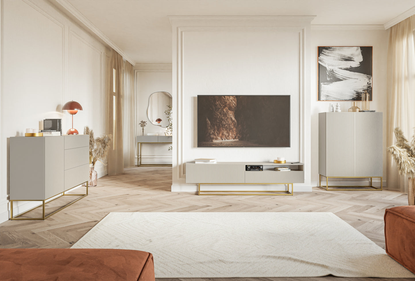 Kumode Velda 140/90/38 cm bēšs/zelts - N1 Home