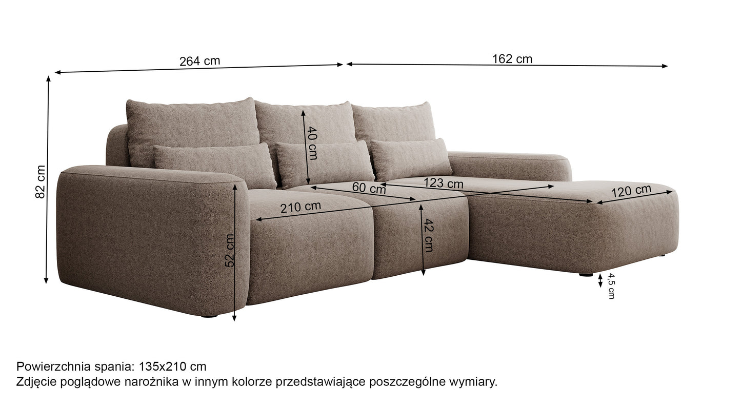 GARN L-formas stūra dīvāns ar gulēšanas funkciju, ar papildu jostasvietu spilveniem, tumši pelēks šenils, laba/kreisa puse - N1 Home