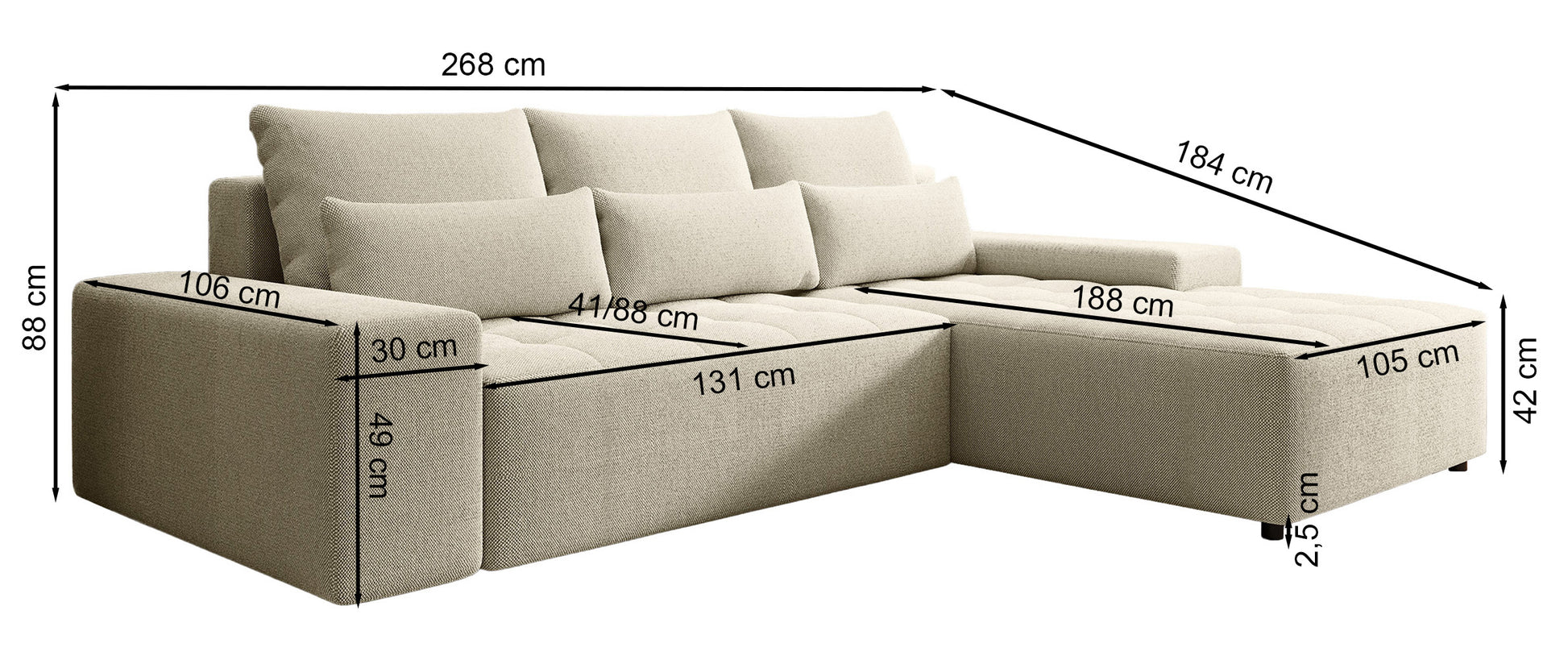 Dīvāns Nalura 268/88/184 cm Aragon 39 - N1 Home
