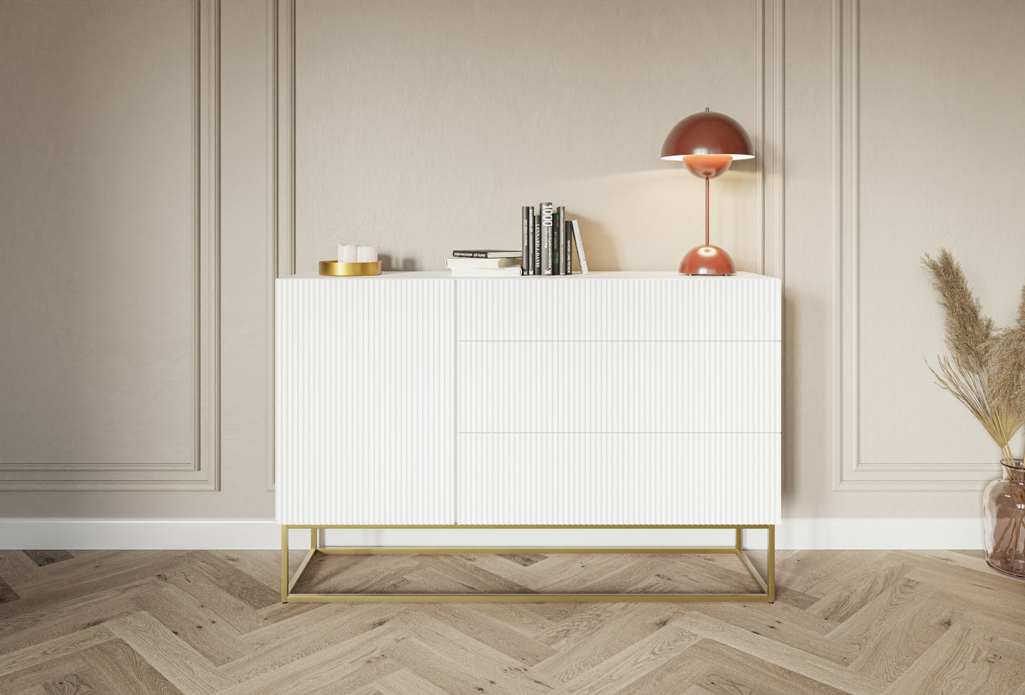 Kumode Velda 140/90/38 cm balts/zelts - N1 Home