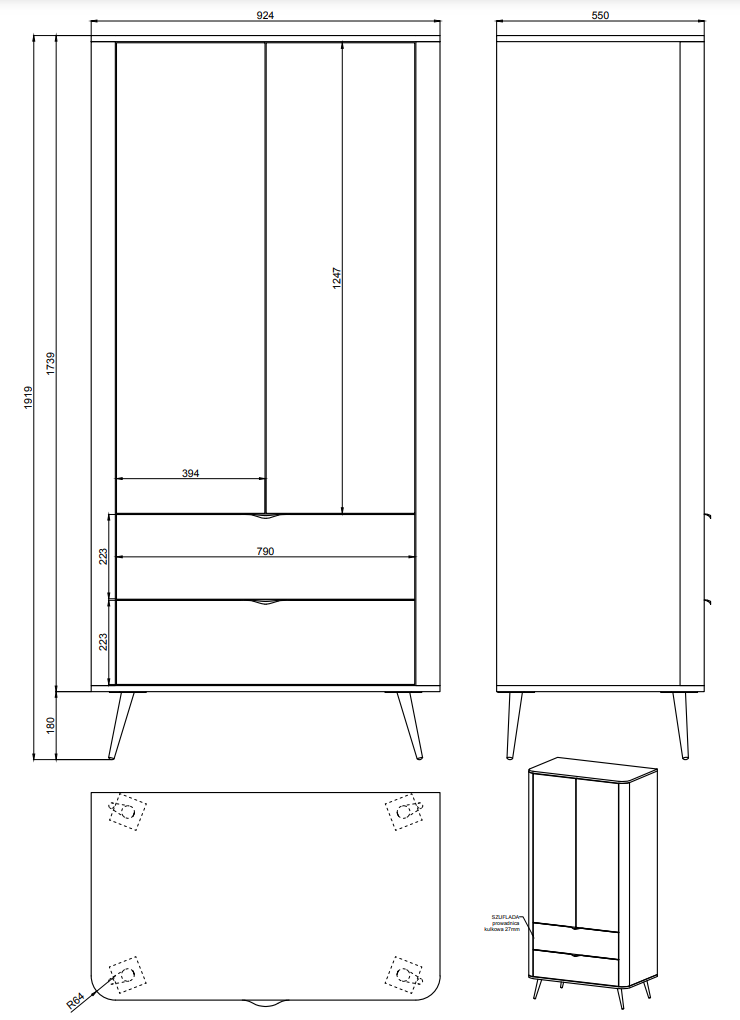 VALO Divdurvju skapis ar atvilktnēm, 92 cm, bēšs - N1 Home