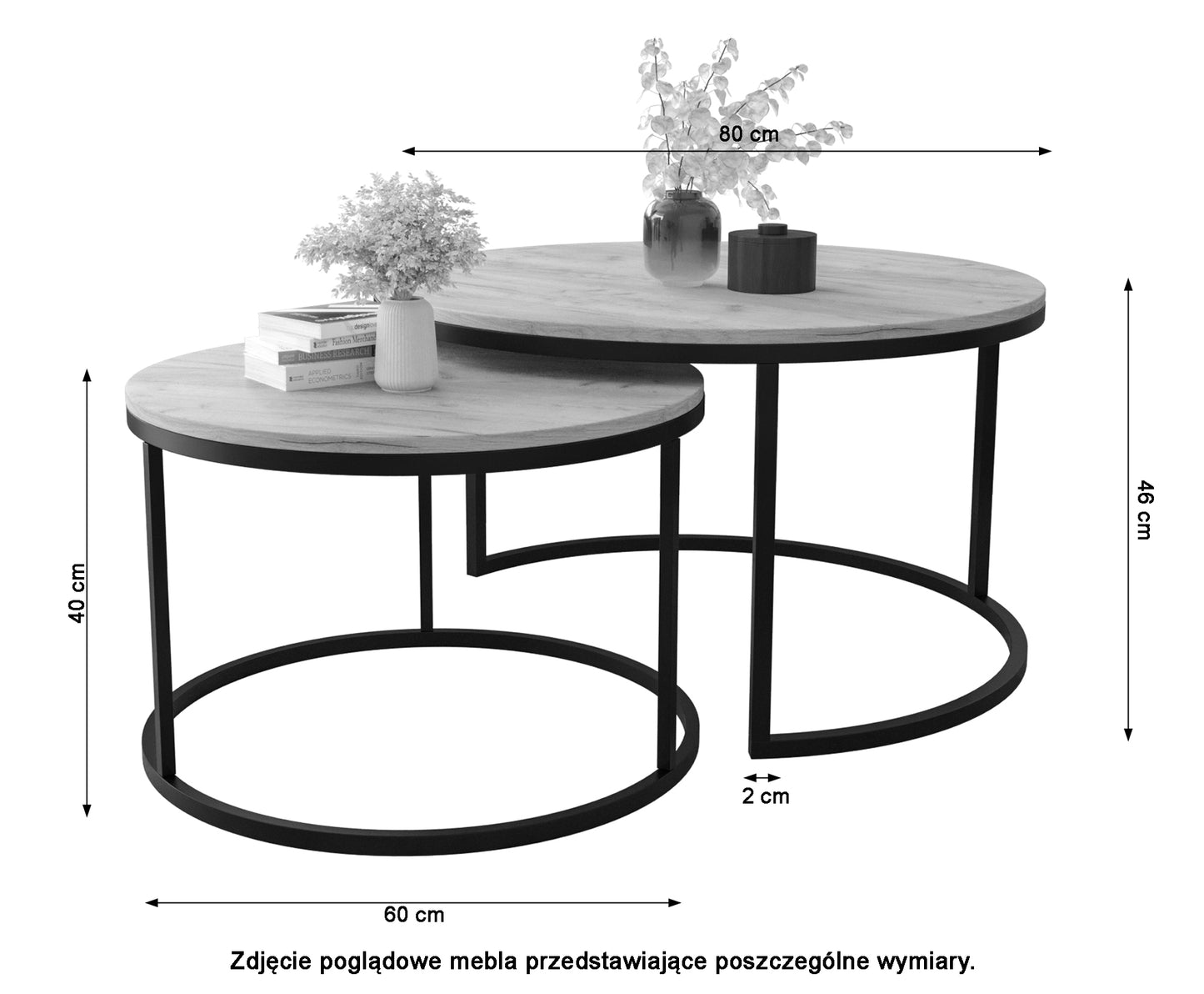 BELLO Divu kafijas galdiņu komplekts, apaļš, 80 un 60 cm, matēts melns ar zelta kājām