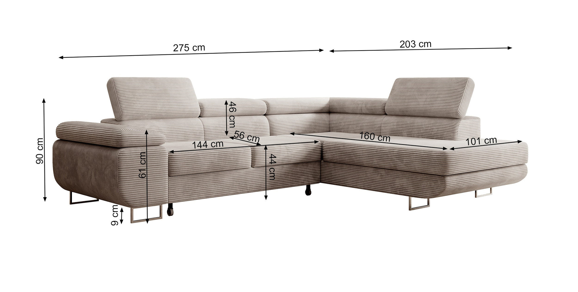 Dīvāns Steva 90/275/203 cm Poso 105 - N1 Home