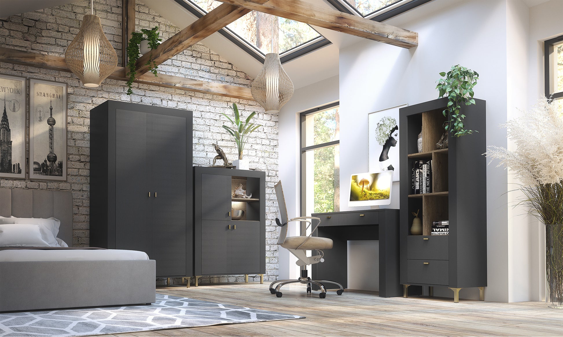 Vitrīna Lamos 96/135/39 cm melns/zelts - N1 Home