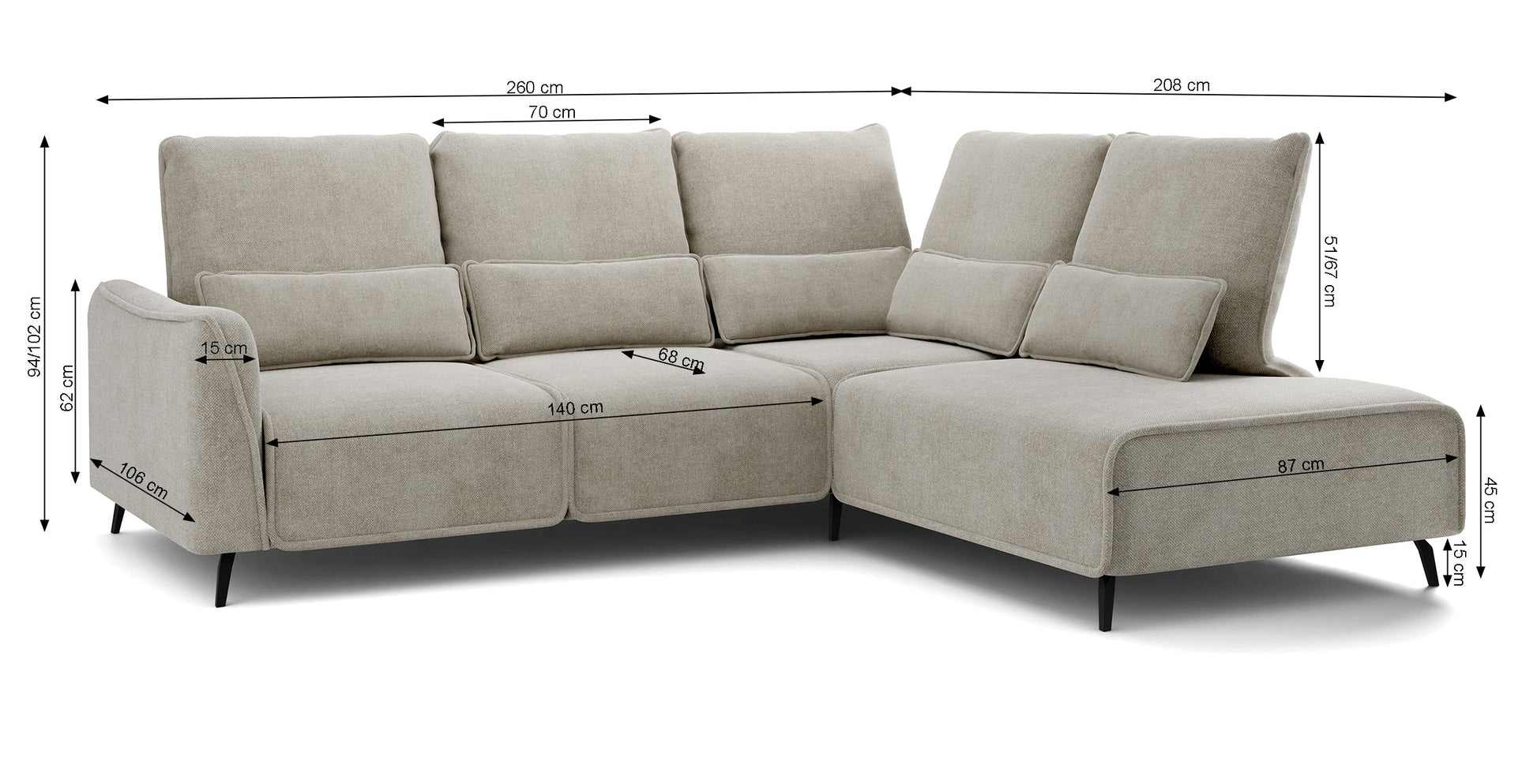 Dīvāns ar pufu Ruma 94/260/208 cm Storm 06 - N1 Home