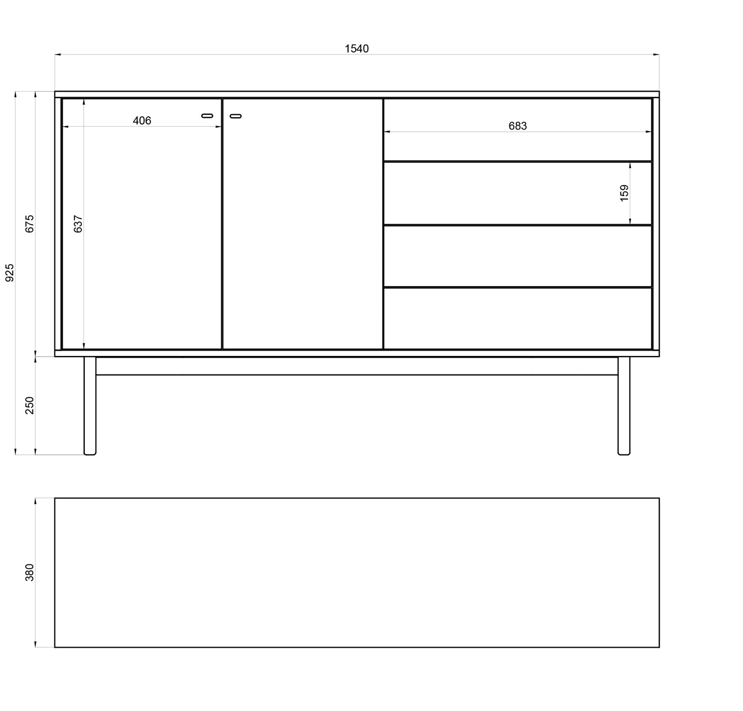 NOLAR Divdurvju kumode ar četrām atvilktnēm, 154 cm, dabīgais hikorijs - N1 Home