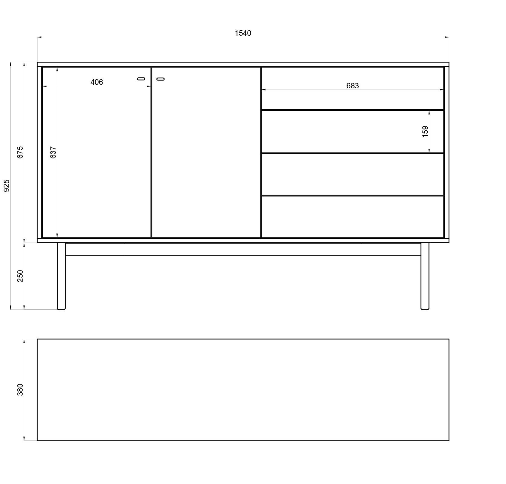 NOLAR Divdurvju kumode ar četrām atvilktnēm, 154 cm, dabīgais hikorijs - N1 Home