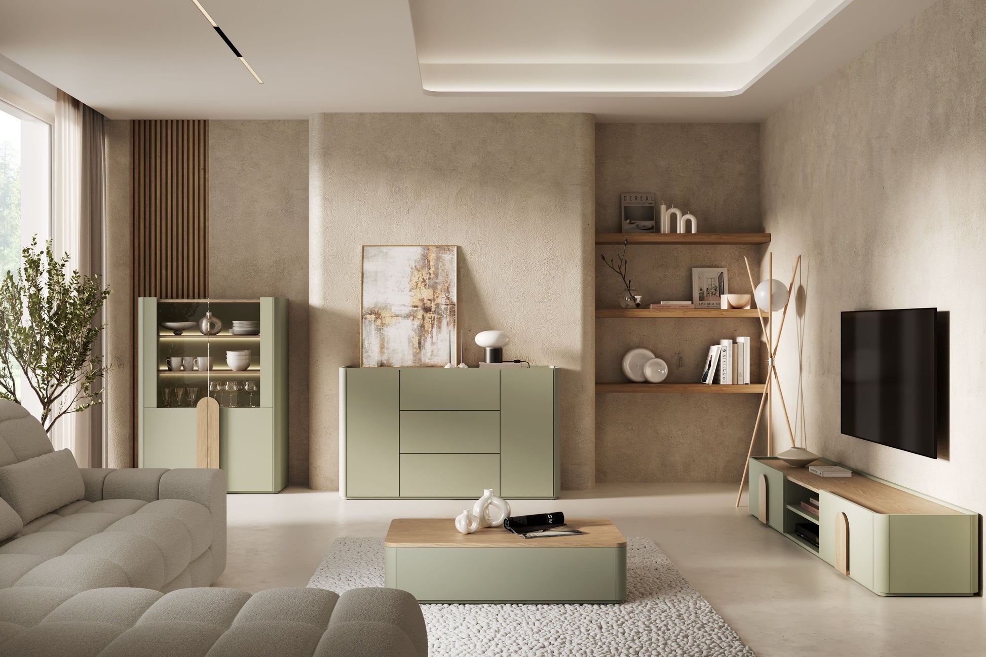 TV skapis Amil 220/35.5/48 cm Eikalipts / Baltijas kāpu ozols / Dabīgais ozols - N1 Home