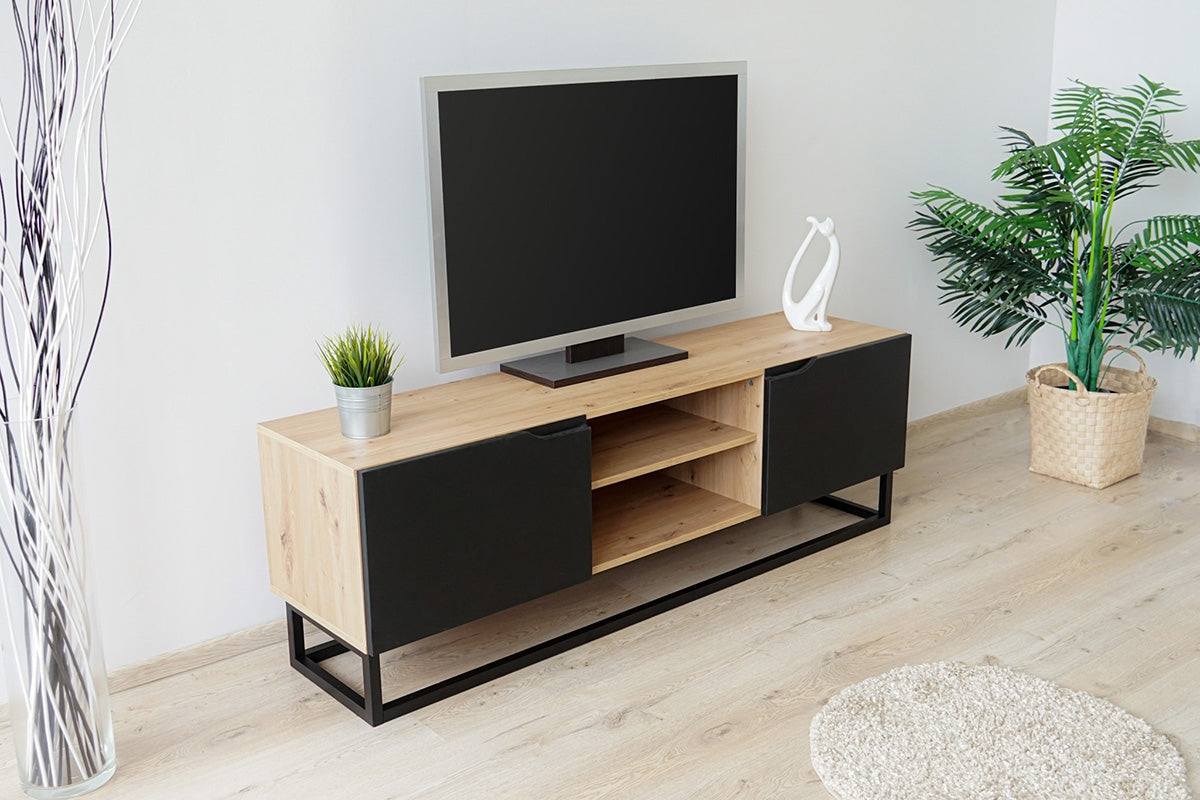 TV skapis LOFT mini uz metāla kājām 160/52/37 cm melns/dabīgs - N1 Home