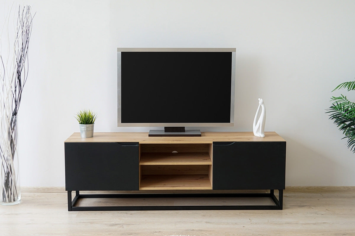 TV skapis LOFT mini uz metāla kājām 160/52/37 cm melns/dabīgs - N1 Home
