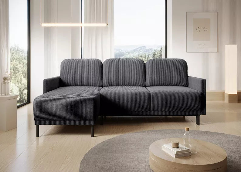 NOMIEL L-formas izvelkamais stūra dīvāns ar konteineru, universāls zili pelēks velvets - N1 Home