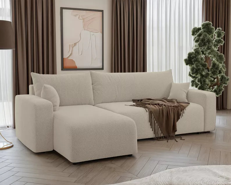 NONIPIA L-formas stūra dīvāns ar gulēšanas funkciju, ar konteineri, universāls, gaiši smilškrāsas bukle - N1 Home