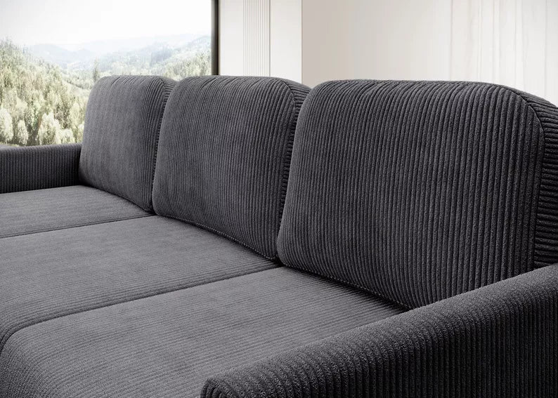 NOMIEL L-formas izvelkamais stūra dīvāns ar konteineru, universāls zili pelēks velvets - N1 Home