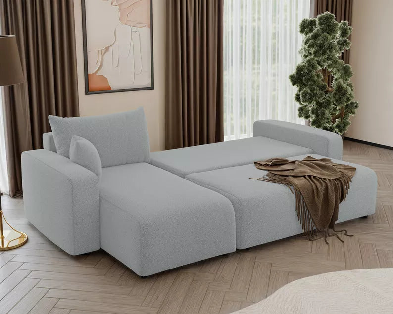 NONIPIA L-formas stūra dīvāns ar gulēšanas funkciju, ar konteineri, universāls, gaiši pelēks bukle - N1 Home
