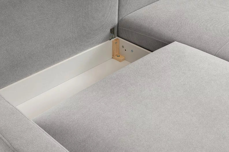 DASSINO L-formas stūra dīvāns ar gulēšanas funkciju ar glabātuvi, zili pelēks hidrofobs šenils, kreisa/laba puse - N1 Home