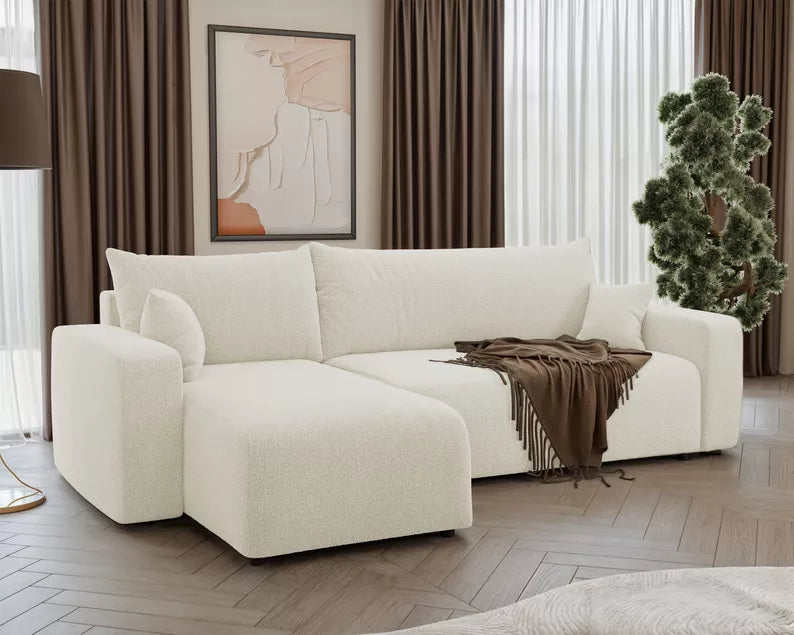 NONIPIA L-formas stūra dīvāns ar gulēšanas funkciju, ar konteineri, universāls, krēmkrāsas bukle - N1 Home