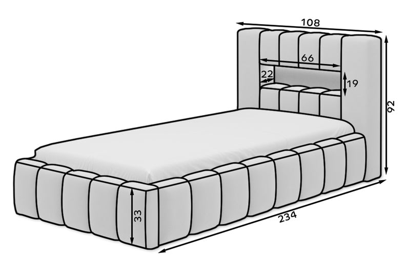 MODERIO Polsterēta gulta 90x200 cm ar glabātuvi un apgaismojumu, pelēka hidrofobā audumā - N1 Home