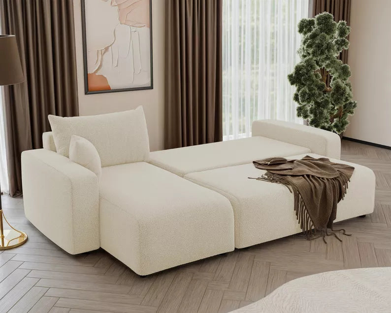 NONIPIA L-formas stūra dīvāns ar gulēšanas funkciju, ar konteineri, universāls, krēmkrāsas bukle - N1 Home