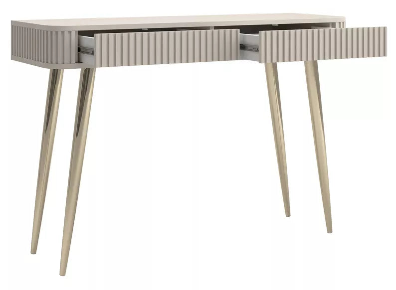 LOVORE Tualetes galdiņš ar rievām un divām atvilktnēm, 113 cm, pelēki bēšs ar zelta kājām - N1 Home