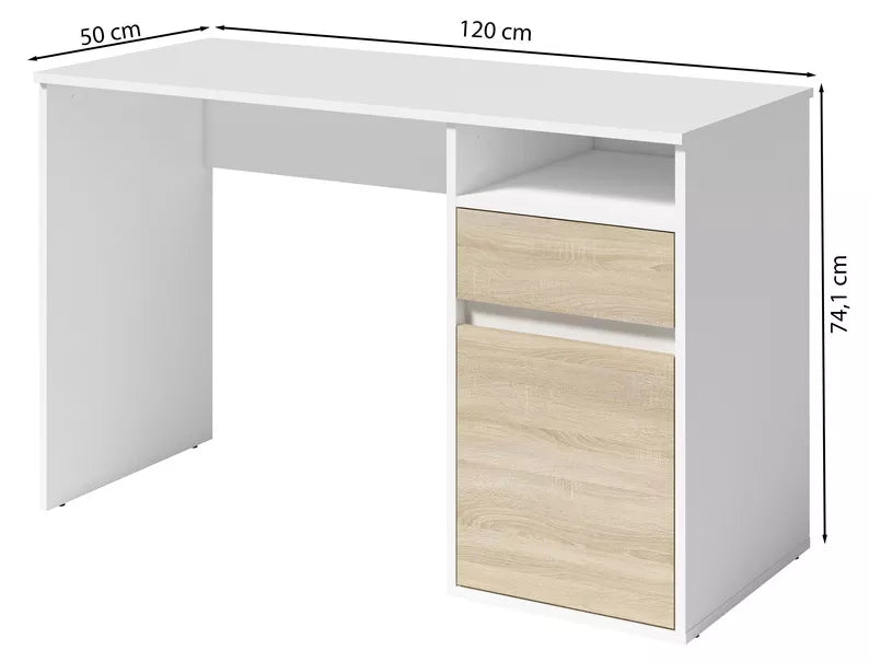 CILA Rakstāmgalds ar atvilktni un skapi 120 cm, balts / sonoma ozols