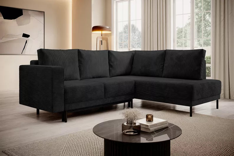 RIO Stūra dīvāns ar gulēšanas funkciju, ar konteineru, melns velvets, kreisa/laba puse - N1 Home