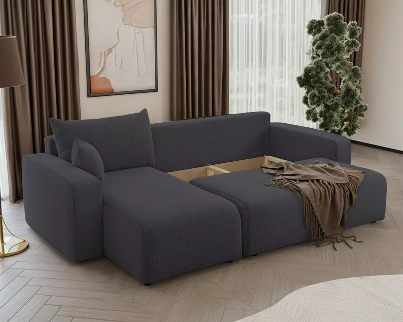 NONIPIA L-formas stūra dīvāns ar gulēšanas funkciju, ar konteineri, universāls, tumši pelēks bukle - N1 Home