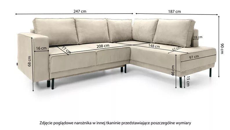 RIO Stūra dīvāns ar gulēšanas funkciju, ar konteineru, gaiši bēšs samts, kreisa/laba puse