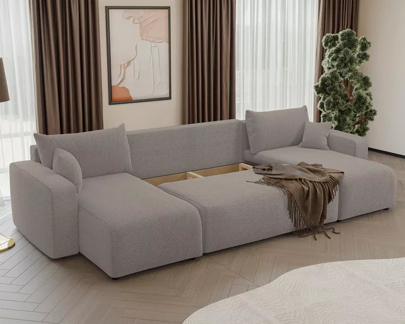 NONIPIA U-formas stūra dīvāns ar gulēšanas funkciju, ar konteineri, universāls, gaiši brūns bukle - N1 Home