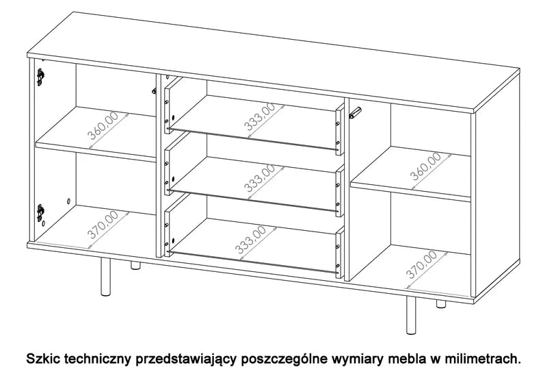 BLAZKA Divdurvju kumode, 150 cm, ar trim atvilktnēm, kašmira lameles