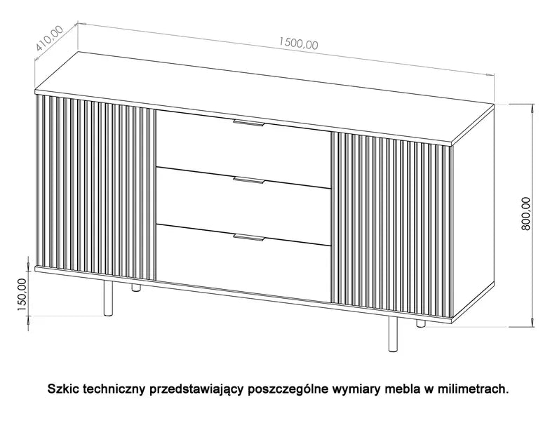 BLAZKA Divdurvju kumode, 150 cm, ar trim atvilktnēm, kašmira lameles