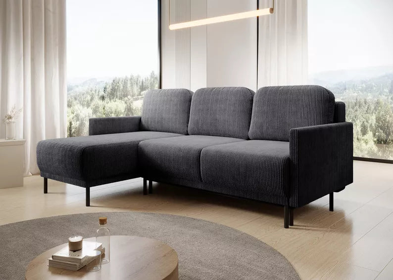 NOMIEL L-formas izvelkamais stūra dīvāns ar konteineru, universāls zili pelēks velvets - N1 Home