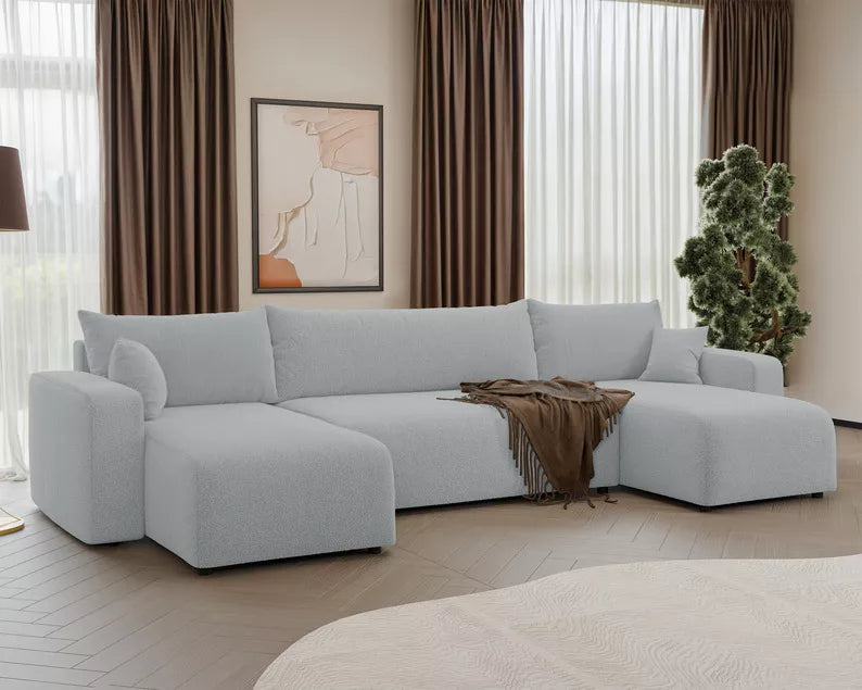 NONIPIA U-formas stūra dīvāns ar gulēšanas funkciju, ar konteineri, universāls, gaiši pelēks bukle - N1 Home