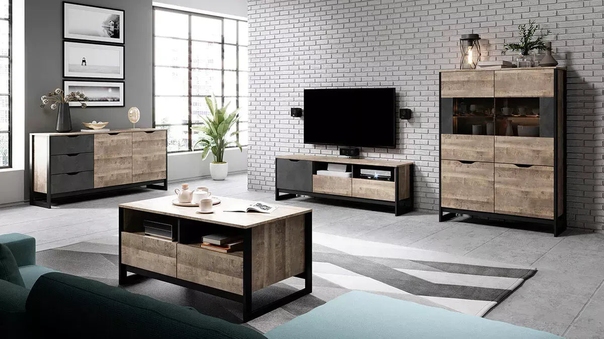 Vitrīnas skapis Ardi 108,6/150/39,6 cm ozols, smilšu krāsas, grunge/matera - N1 Home