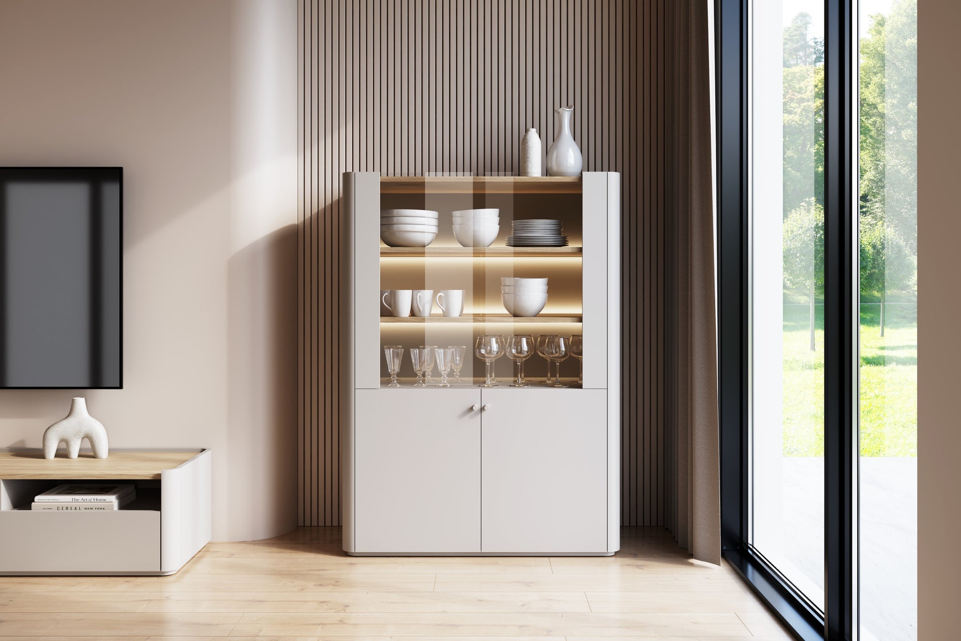 Vitrīna Elva 100/137,5/48 cm Kašmirs / Eļļots ozols - N1 Home