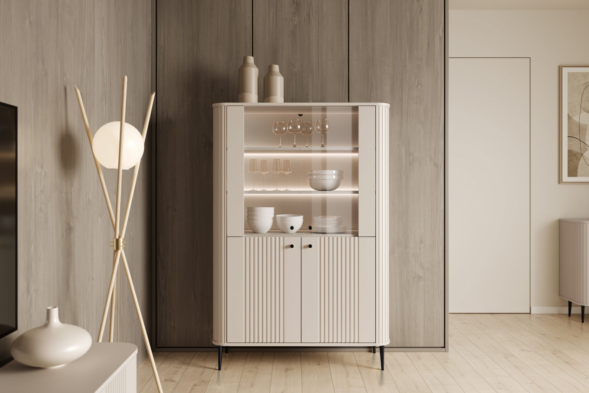 Vitrīnas skapis Vespa 103/156/38 cm kašmirs/melns - N1 Home